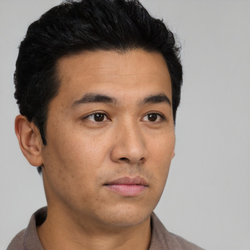 Neutral asian young-adult male with short  black hair and brown eyes