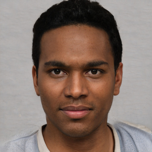 Neutral white young-adult male with short  black hair and brown eyes