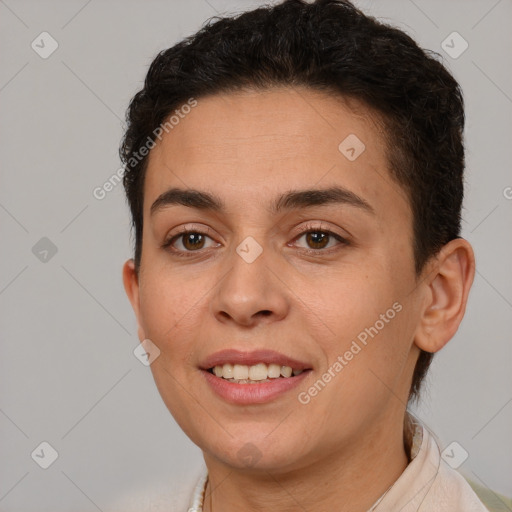 Joyful white young-adult female with short  brown hair and brown eyes