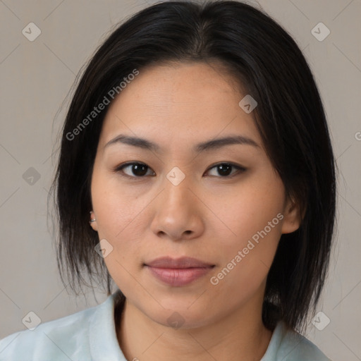 Neutral asian young-adult female with medium  brown hair and brown eyes