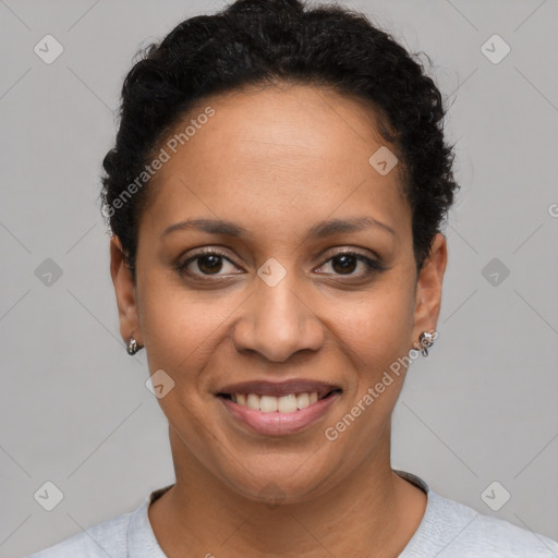 Joyful latino young-adult female with short  brown hair and brown eyes