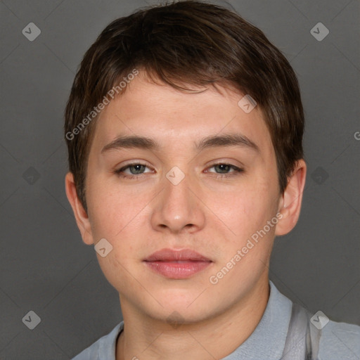 Neutral white young-adult male with short  brown hair and brown eyes