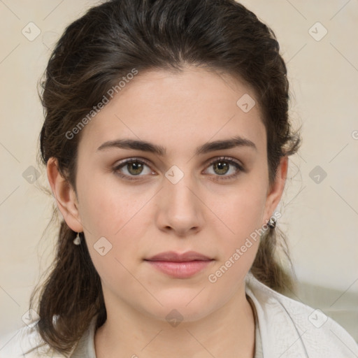 Neutral white young-adult female with medium  brown hair and brown eyes