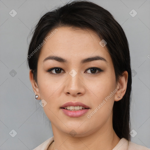 Joyful latino young-adult female with medium  brown hair and brown eyes