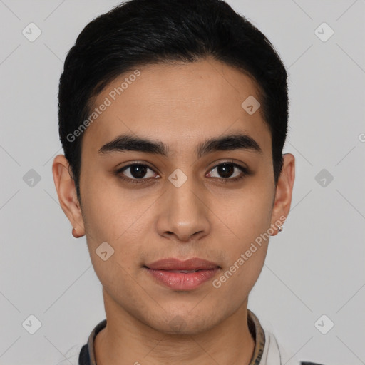 Joyful latino young-adult male with short  black hair and brown eyes