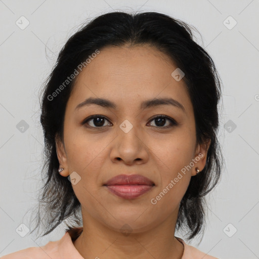 Joyful asian young-adult female with medium  brown hair and brown eyes