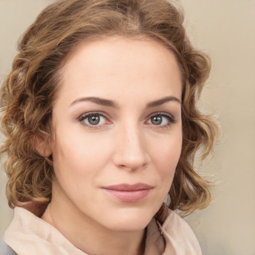 Neutral white young-adult female with long  brown hair and green eyes