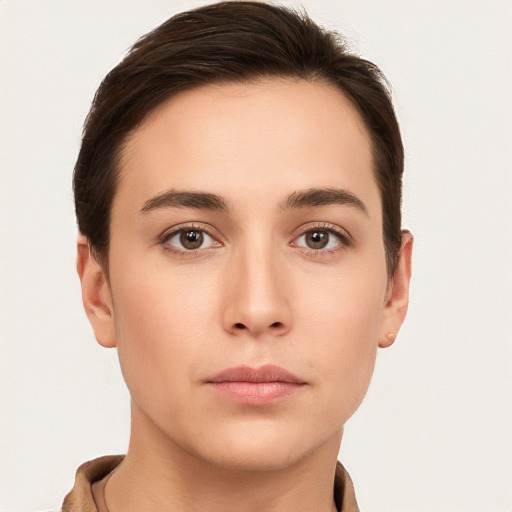 Neutral white young-adult female with short  brown hair and brown eyes