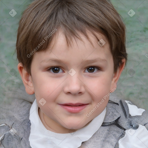 Joyful white child female with short  brown hair and brown eyes