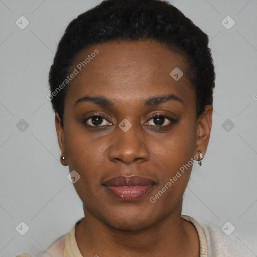 Joyful black young-adult female with short  black hair and brown eyes