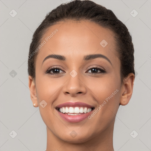 Joyful white young-adult female with long  brown hair and brown eyes