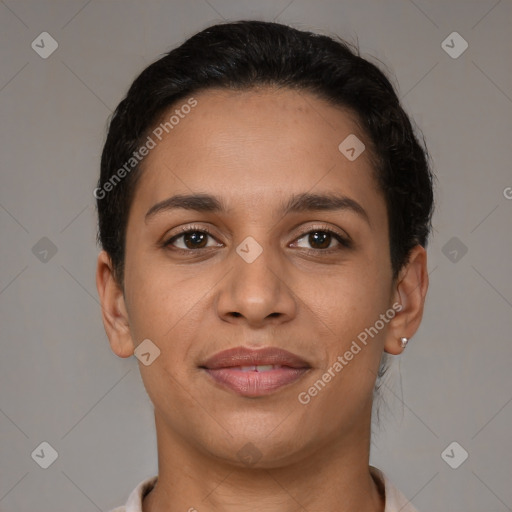 Joyful latino young-adult female with short  brown hair and brown eyes