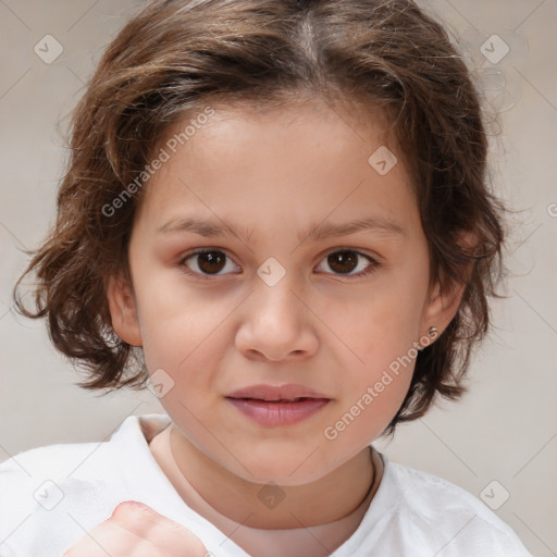 Joyful white child female with medium  brown hair and brown eyes