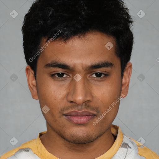 Neutral latino young-adult male with short  black hair and brown eyes