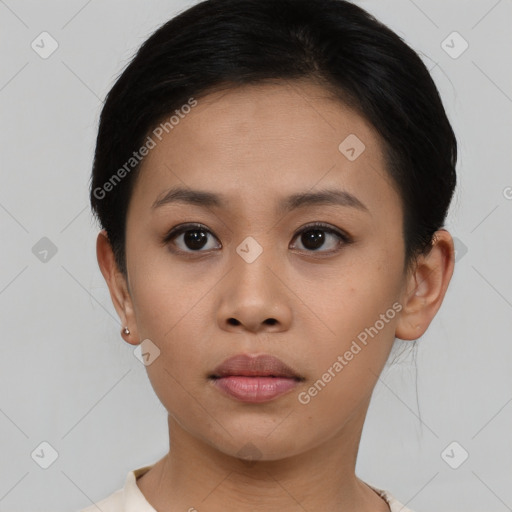 Neutral asian young-adult female with short  black hair and brown eyes