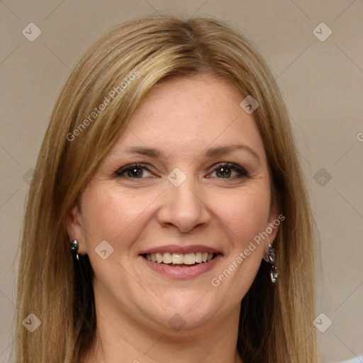 Joyful white adult female with medium  brown hair and brown eyes