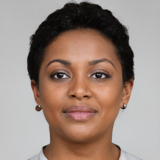 Neutral black young-adult female with short  black hair and brown eyes