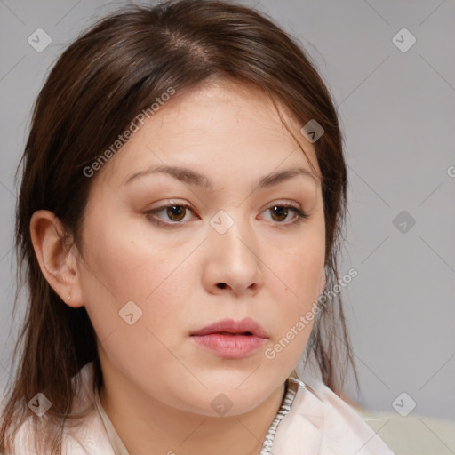 Neutral white young-adult female with medium  brown hair and brown eyes