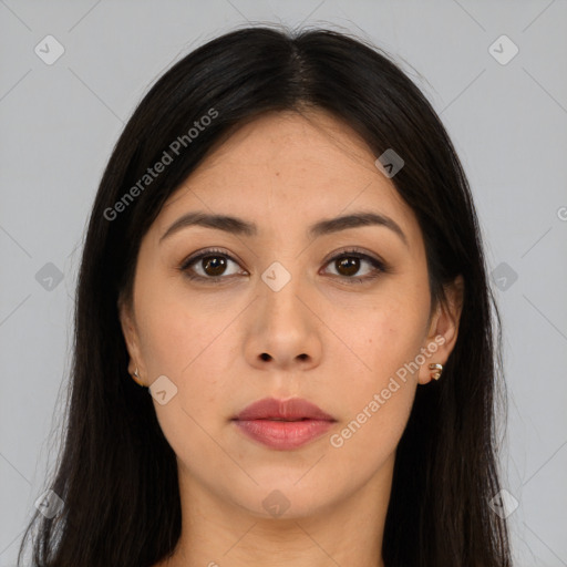 Neutral asian young-adult female with long  brown hair and brown eyes