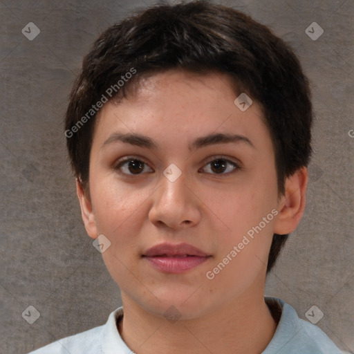 Neutral white young-adult female with short  brown hair and brown eyes