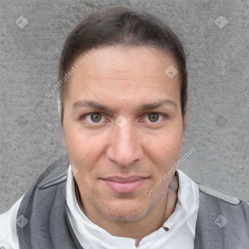 Joyful white adult female with short  brown hair and brown eyes