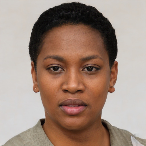 Neutral black young-adult female with short  black hair and brown eyes