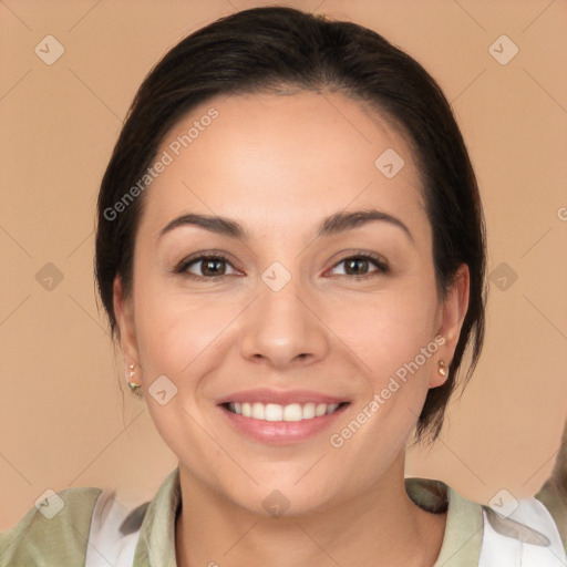 Joyful white young-adult female with medium  brown hair and brown eyes