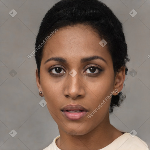 Neutral black young-adult female with short  black hair and brown eyes