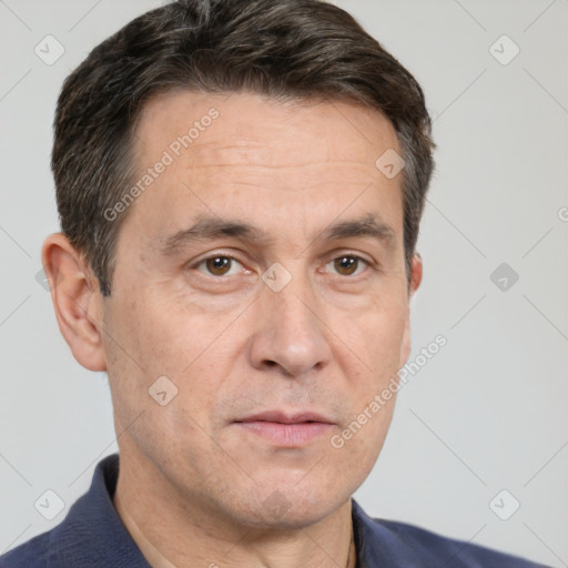 Neutral white adult male with short  brown hair and brown eyes