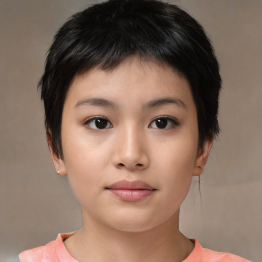 Neutral asian young-adult female with medium  black hair and brown eyes