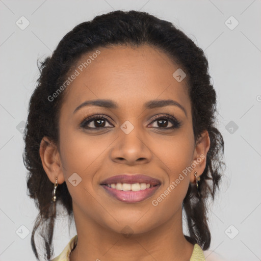 Joyful latino young-adult female with long  brown hair and brown eyes