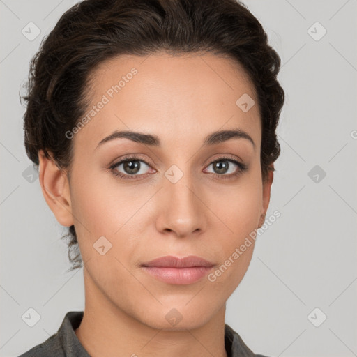 Neutral white young-adult female with short  brown hair and brown eyes