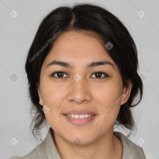 Joyful asian young-adult female with medium  brown hair and brown eyes