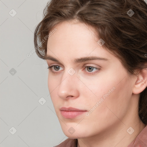 Neutral white young-adult female with medium  brown hair and grey eyes