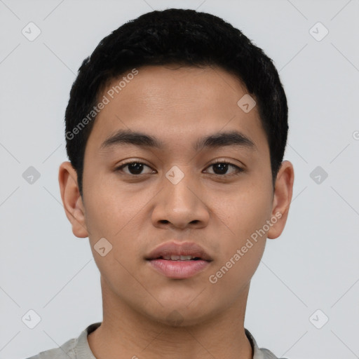 Neutral asian young-adult male with short  black hair and brown eyes