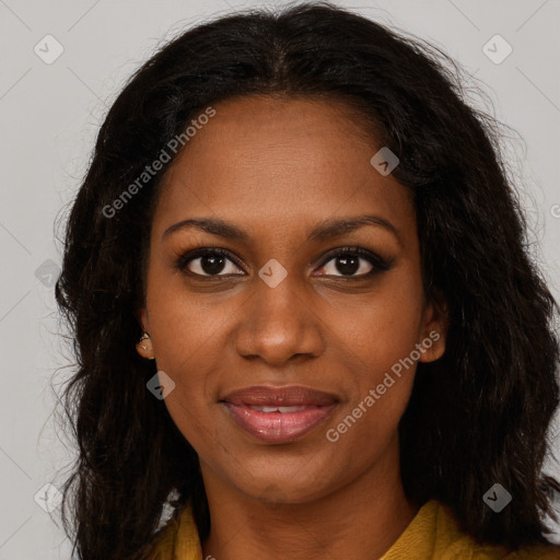 Joyful black young-adult female with long  brown hair and brown eyes