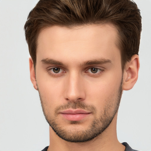 Neutral white young-adult male with short  brown hair and brown eyes