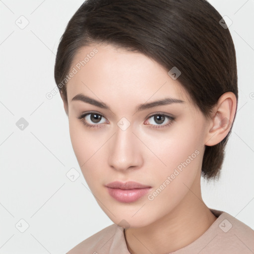 Neutral white young-adult female with medium  brown hair and brown eyes