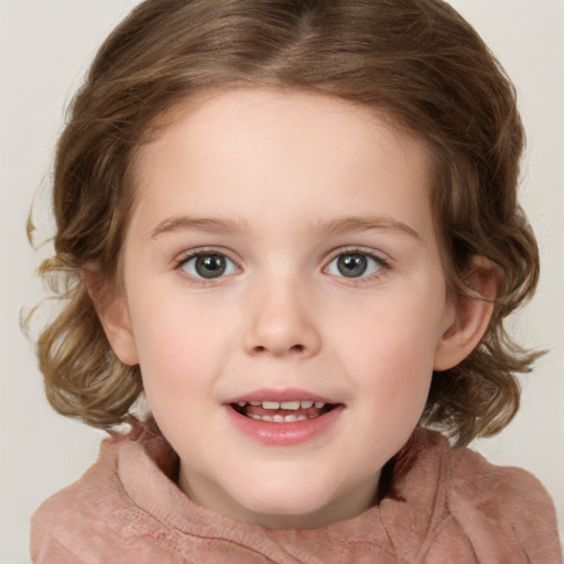 Joyful white child female with medium  brown hair and brown eyes