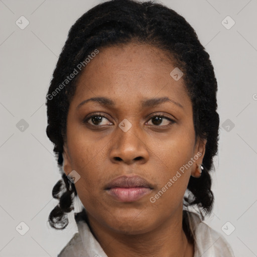 Neutral black young-adult female with short  black hair and brown eyes