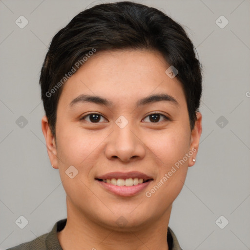 Joyful asian young-adult female with short  brown hair and brown eyes