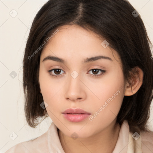 Neutral white young-adult female with medium  brown hair and brown eyes