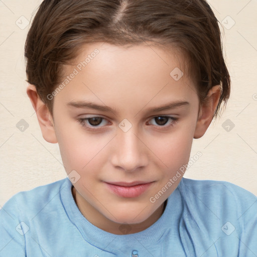 Joyful white child female with short  brown hair and brown eyes