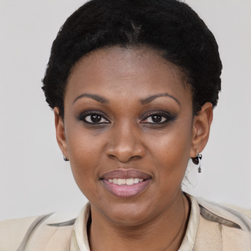 Joyful black young-adult female with short  brown hair and brown eyes