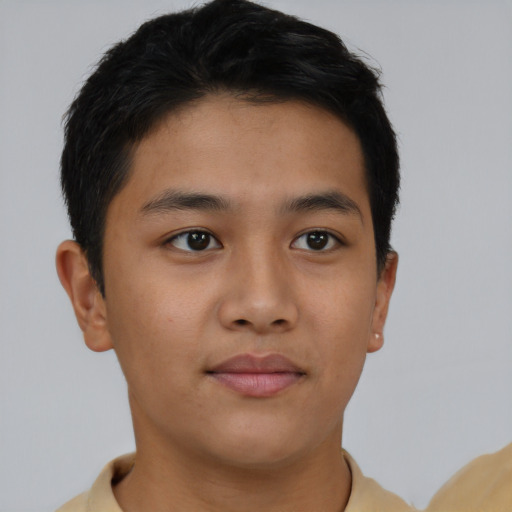 Neutral asian young-adult male with short  brown hair and brown eyes
