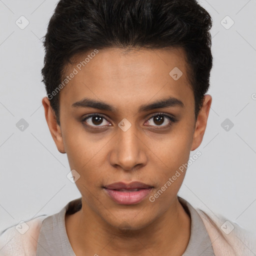 Neutral latino young-adult male with short  brown hair and brown eyes