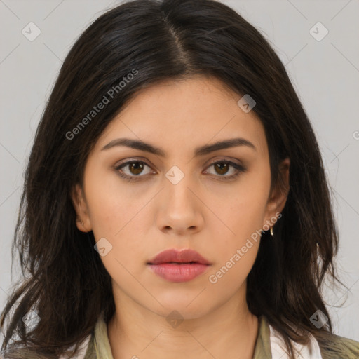 Neutral asian young-adult female with medium  brown hair and brown eyes