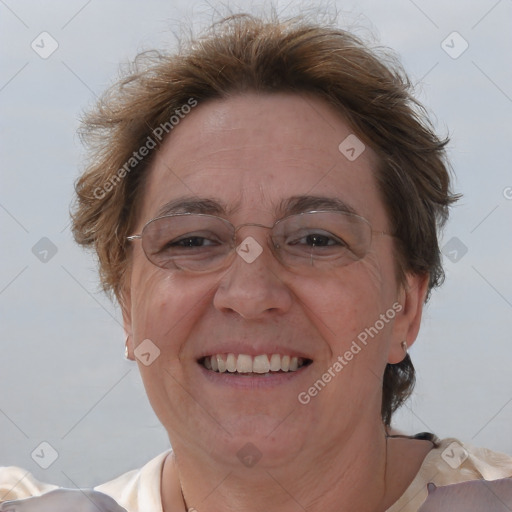 Joyful white adult female with short  brown hair and brown eyes