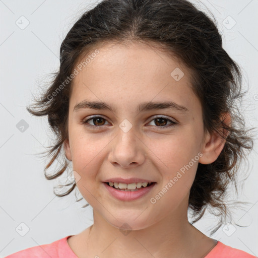 Joyful white child female with medium  brown hair and brown eyes