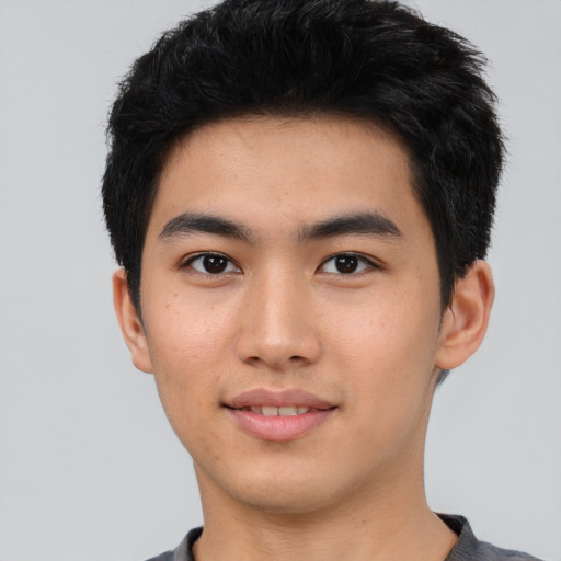 Neutral asian young-adult male with short  black hair and brown eyes